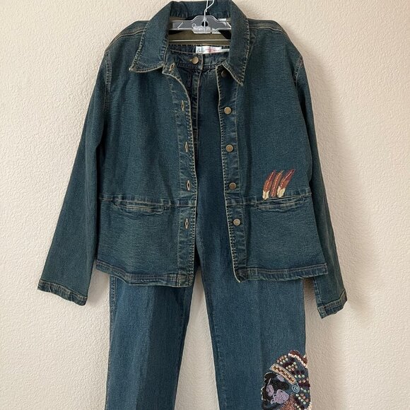 Vintage 90s Y2K Rodeo Ranch Western Embroidered Denim Jacket Jeans Set Women L